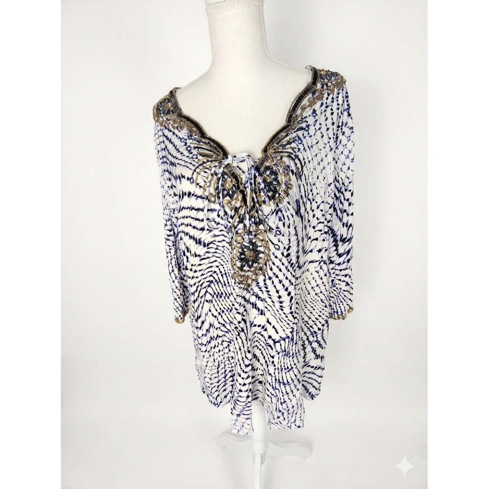 Soft Surroundings Blue White Beaded V-Neck Tunic Top Womens Large 25537 Rayon